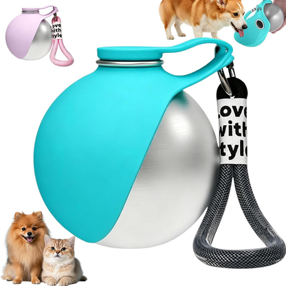 Perro corgi bebiendo de la botella 2 en 1 para perros, con referencia de tamaño y versiones en rosa y azul