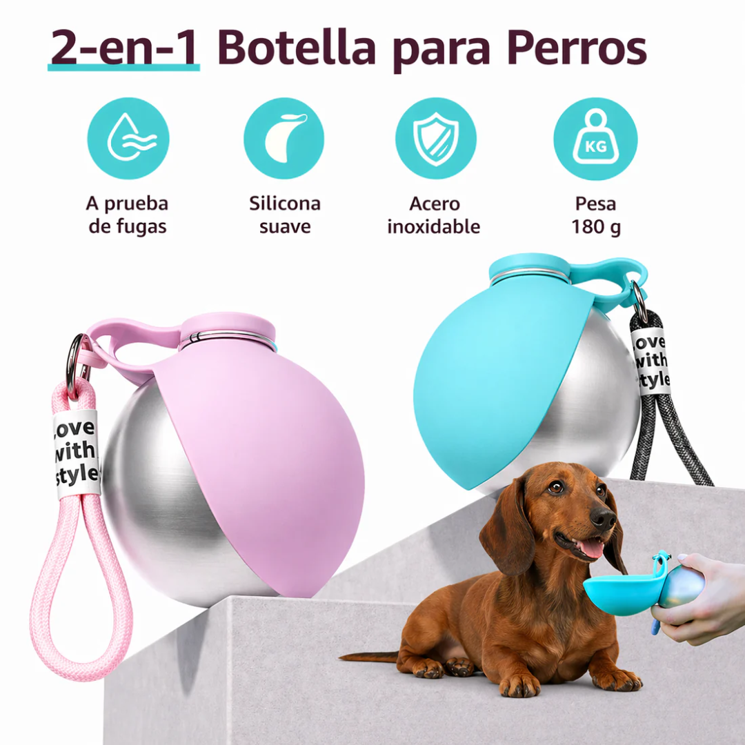 Botella 2 en 1 para perros de acero inoxidable con tapa-bebedero antifugas
