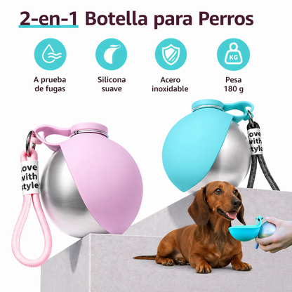 Botella 2 en 1 para perros de acero inoxidable con tapa-bebedero antifugas